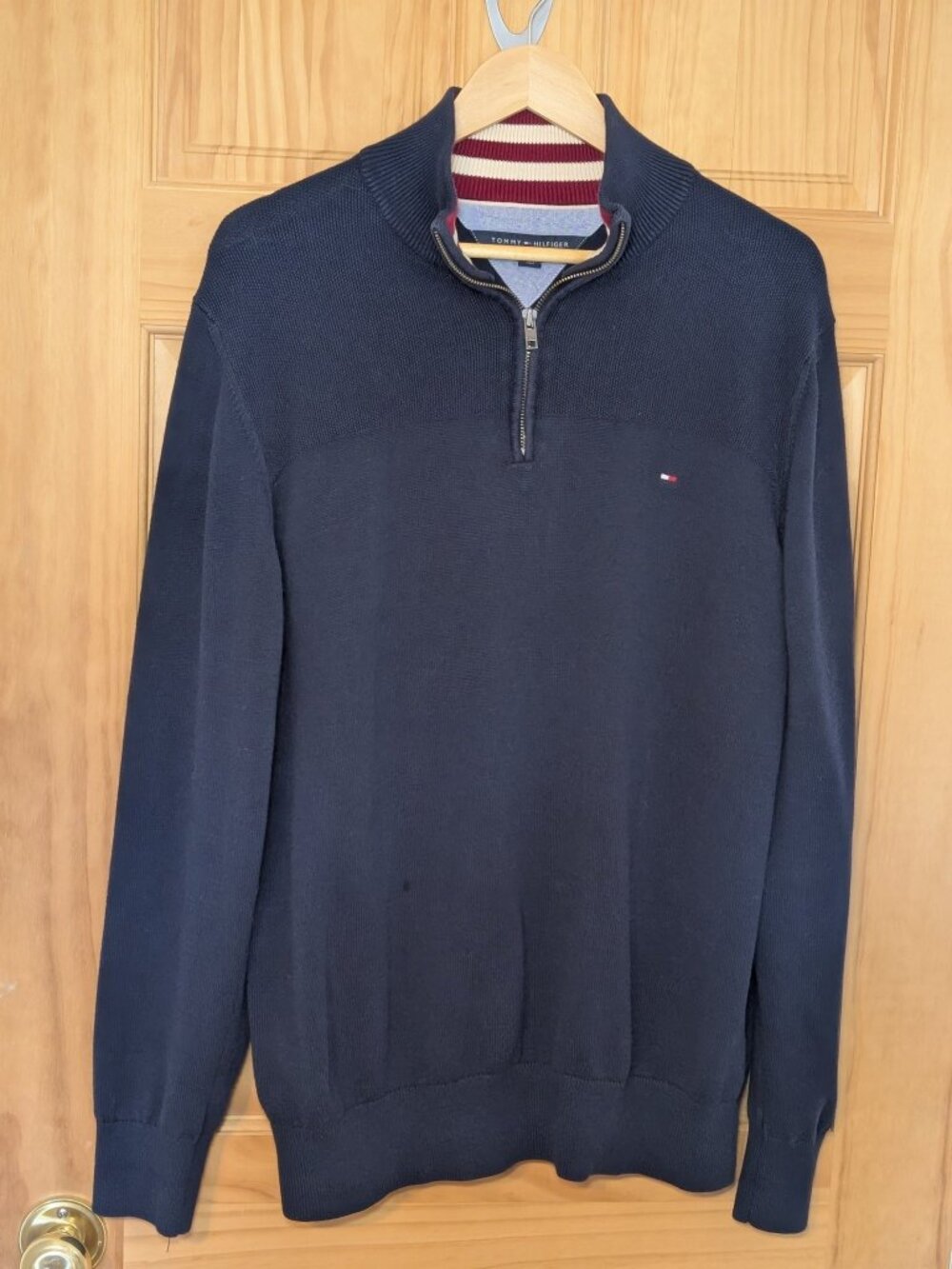Tommy Hilfiger Mens Quarter Zip Knit Sweater XL Navy Cotton Flag Logo